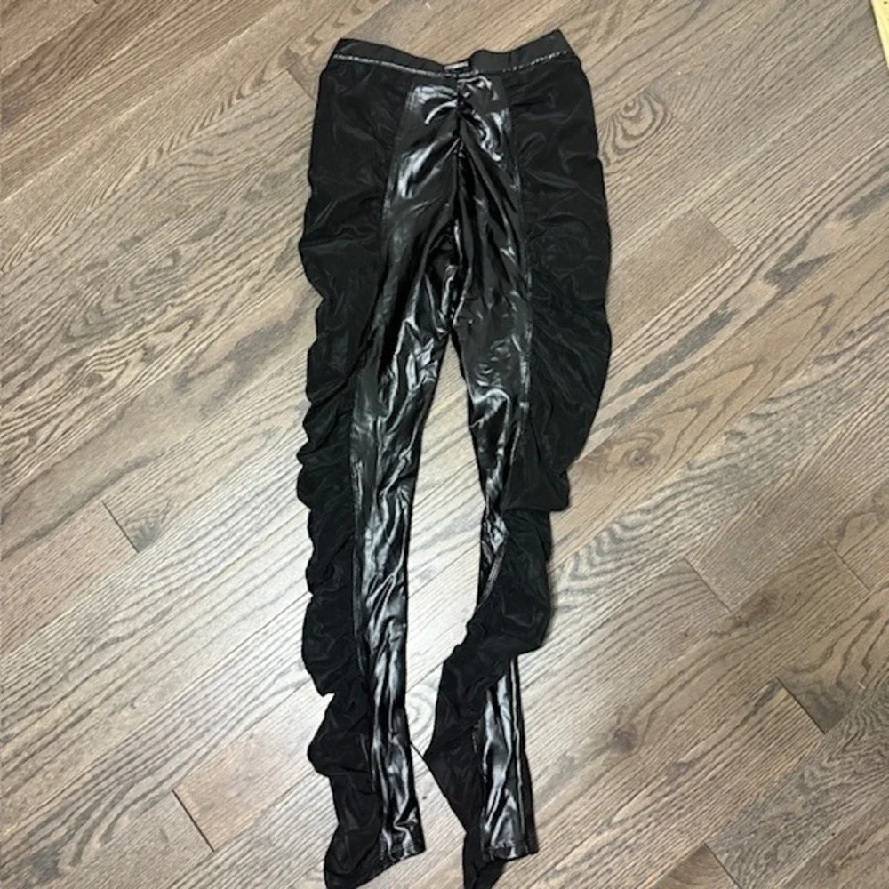 Maniere De Voir Black Vegan Leather Mesh Ruched Pants New See Measurements
